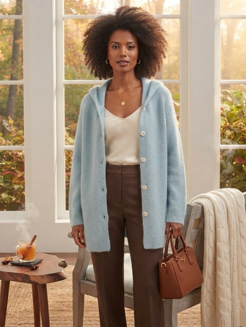 Soft Surroundings Pale Blue Hooded Mohair-Blend Cardigan